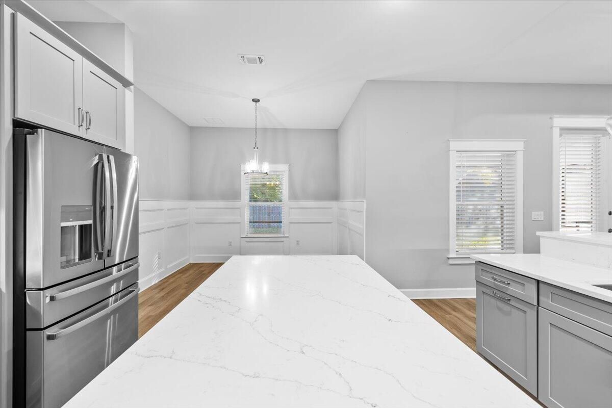 Interior, Kitchen, Pendant Lights, Stainless Steel Appliances, Wood Texture Flooring