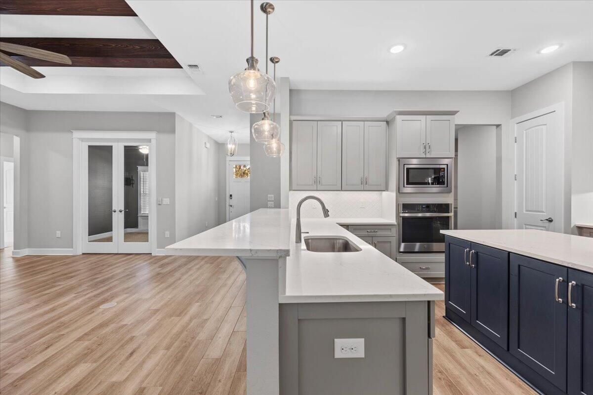 Interior, Kitchen, Pendant Lights, Recessed Lighting, Stainless Steel Appliances, Wooden Beams, Wood Texture Flooring