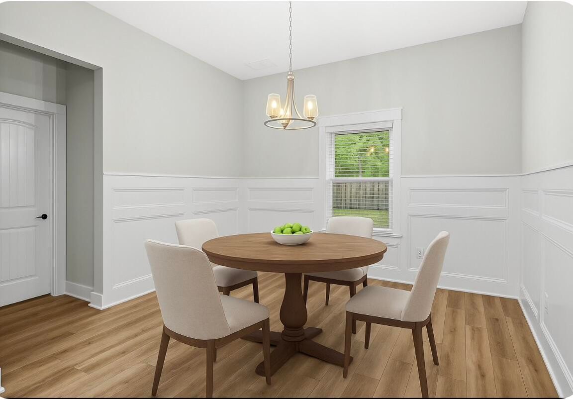 Dining room, Interior, Pendant Lights, Wood Texture Flooring
