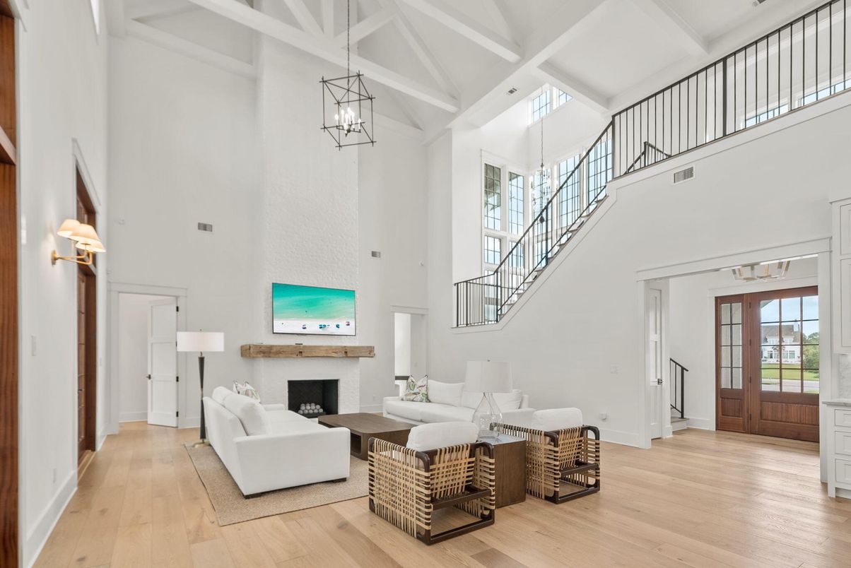 Fireplace, Interior, Living room, Pendant Lights, Wood Texture Flooring