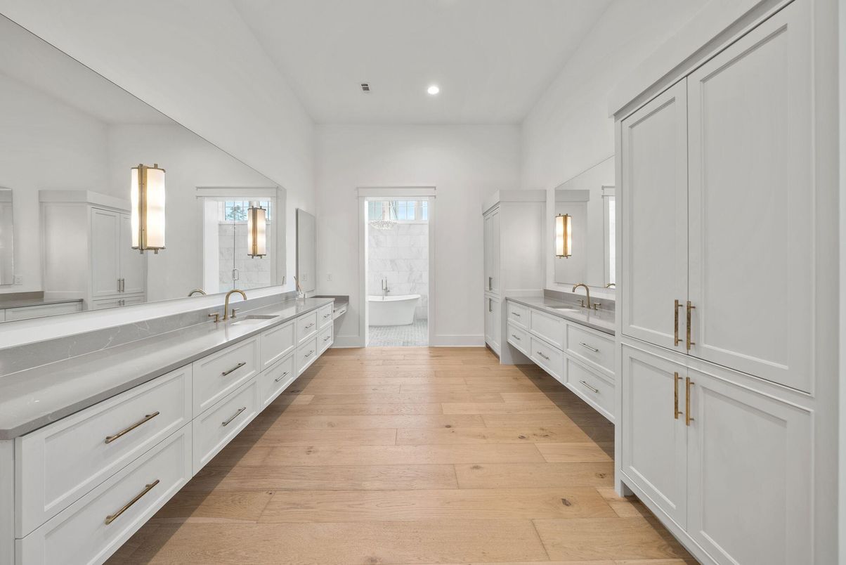 Bathroom, Dual Sink Vanities, Interior, Recessed Lighting, Wood Texture Flooring
