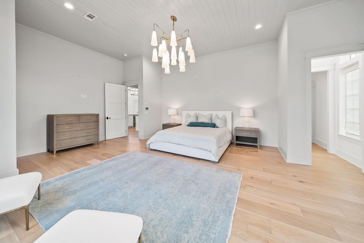 Bedroom, Interior, Pendant Lights, Recessed Lighting, Wood Texture Flooring