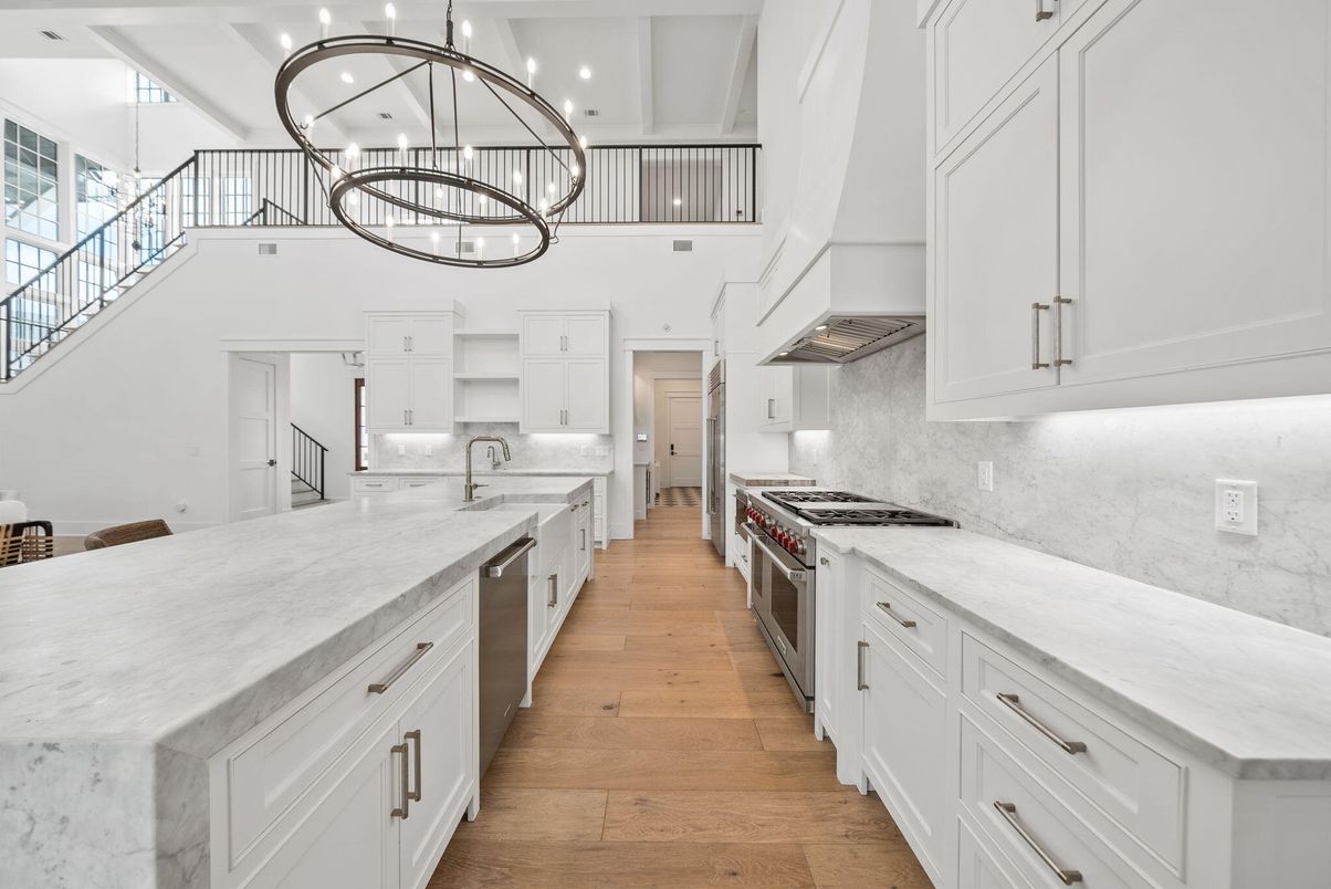 Chandelier, Interior, Kitchen, Pendant Lights, Recessed Lighting, Stainless Steel Appliances, Wood Texture Flooring