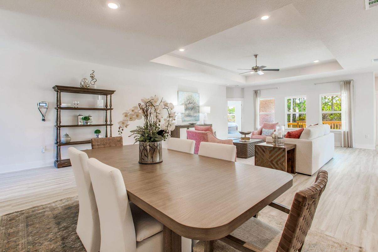 Dining room, Interior, Living room, Recessed Lighting, Wood Texture Flooring
