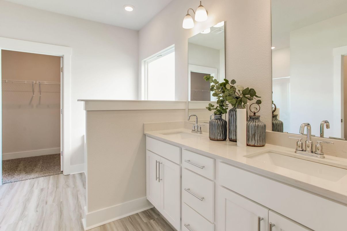 Bathroom, Dual Sink Vanities, Interior, Recessed Lighting, Walk-in Closets, Wood Texture Flooring