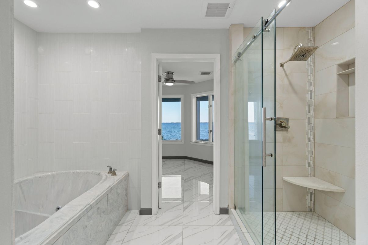 Bathroom, Glass Shower, Interior, Marble, Recessed Lighting, Water