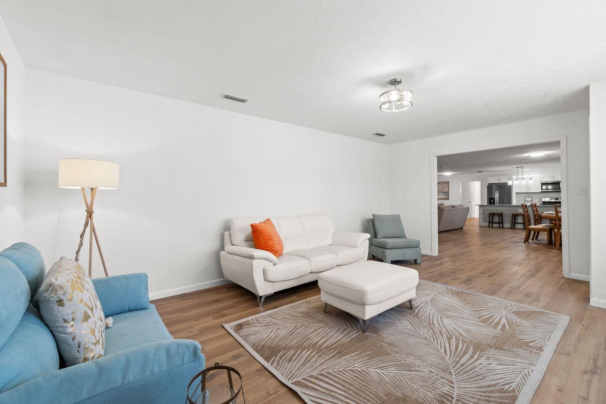 Dining room, Interior, Living room, Pendant Lights, Wood Texture Flooring