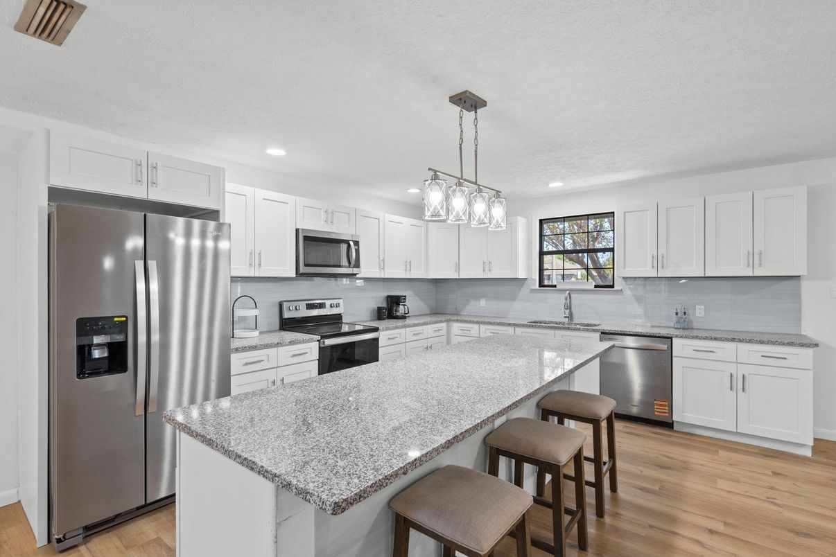 Interior, Kitchen, Pendant Lights, Recessed Lighting, Stainless Steel Appliances, Wood Texture Flooring