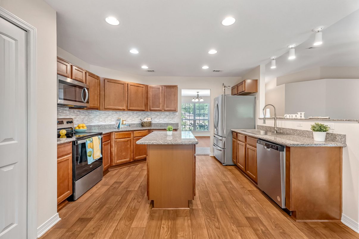 Interior, Kitchen, Recessed Lighting, Stainless Steel Appliances, Wood Texture Flooring