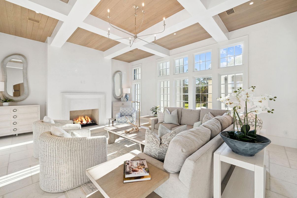 Fireplace, Interior, Living room, Recessed Lighting, Wooden Ceilings