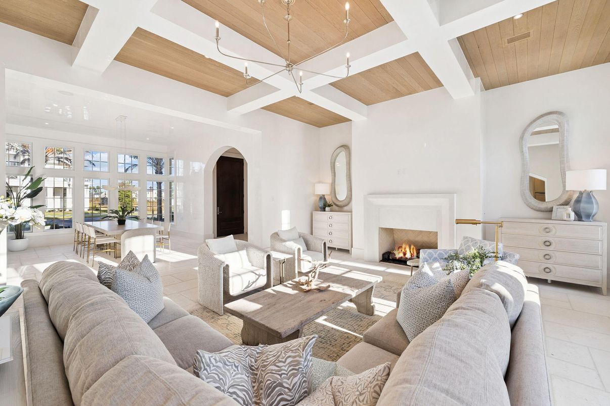 Dining room, Fireplace, Interior, Living room, Pendant Lights, Wooden Ceilings