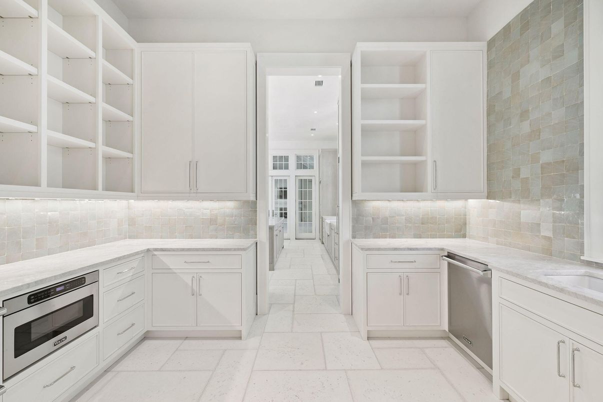 Interior, Kitchen, Recessed Lighting, Stainless Steel Appliances, Stone Walls