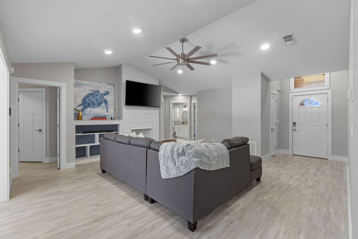 Fireplace, Interior, Living room, Recessed Lighting, Wood Texture Flooring
