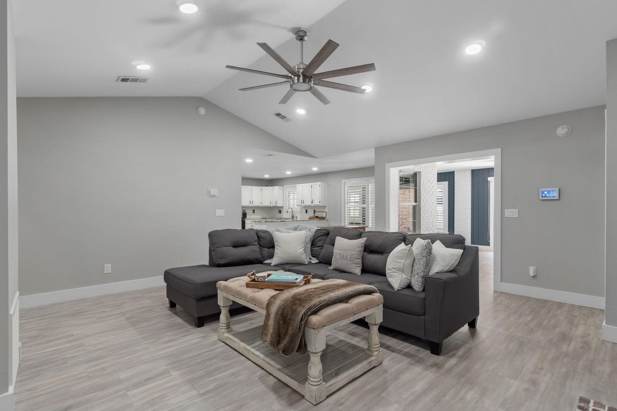 Interior, Kitchen, Living room, Recessed Lighting, Wood Texture Flooring