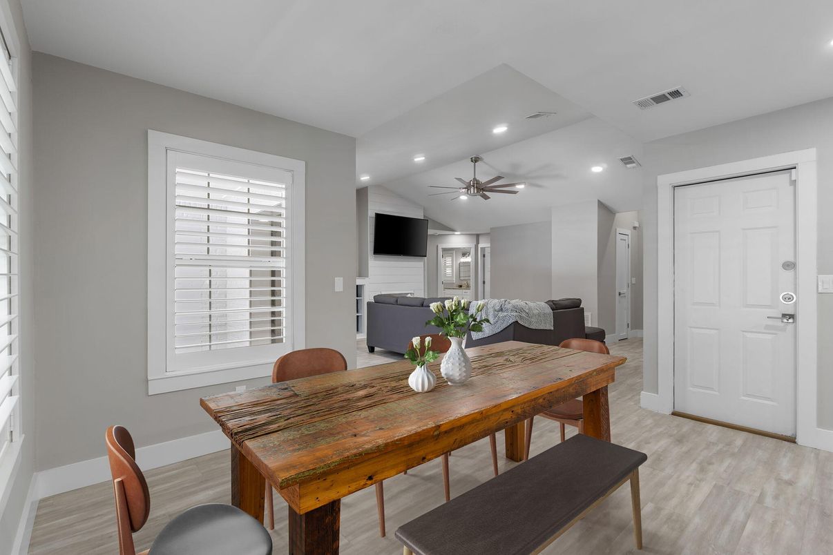 Dining room, Interior, Living room, Recessed Lighting, Wood Texture Flooring