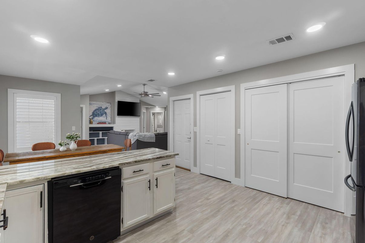 Interior, Kitchen, Recessed Lighting, Wood Texture Flooring