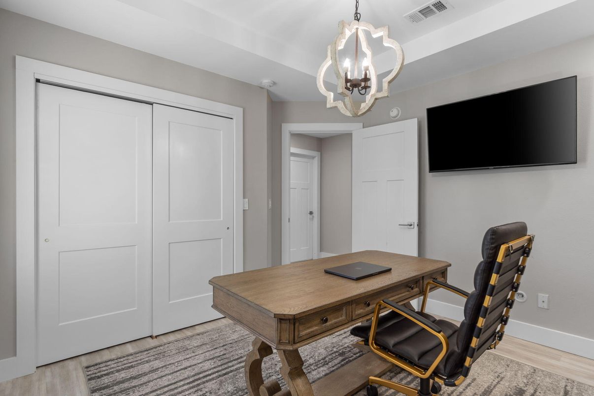 Chandelier, Home Office, Interior, Pendant Lights, Wood Texture Flooring