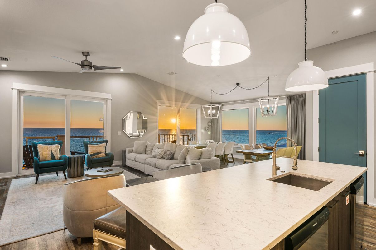 Dining room, Interior, Kitchen, Living room, Pendant Lights, Recessed Lighting, Water, Wood Texture Flooring