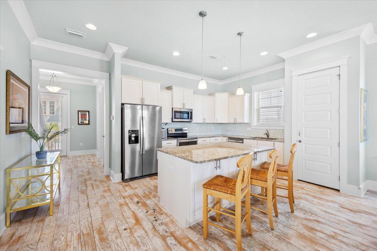 Interior, Kitchen, Pendant Lights, Recessed Lighting, Stainless Steel Appliances, Wood Texture Flooring
