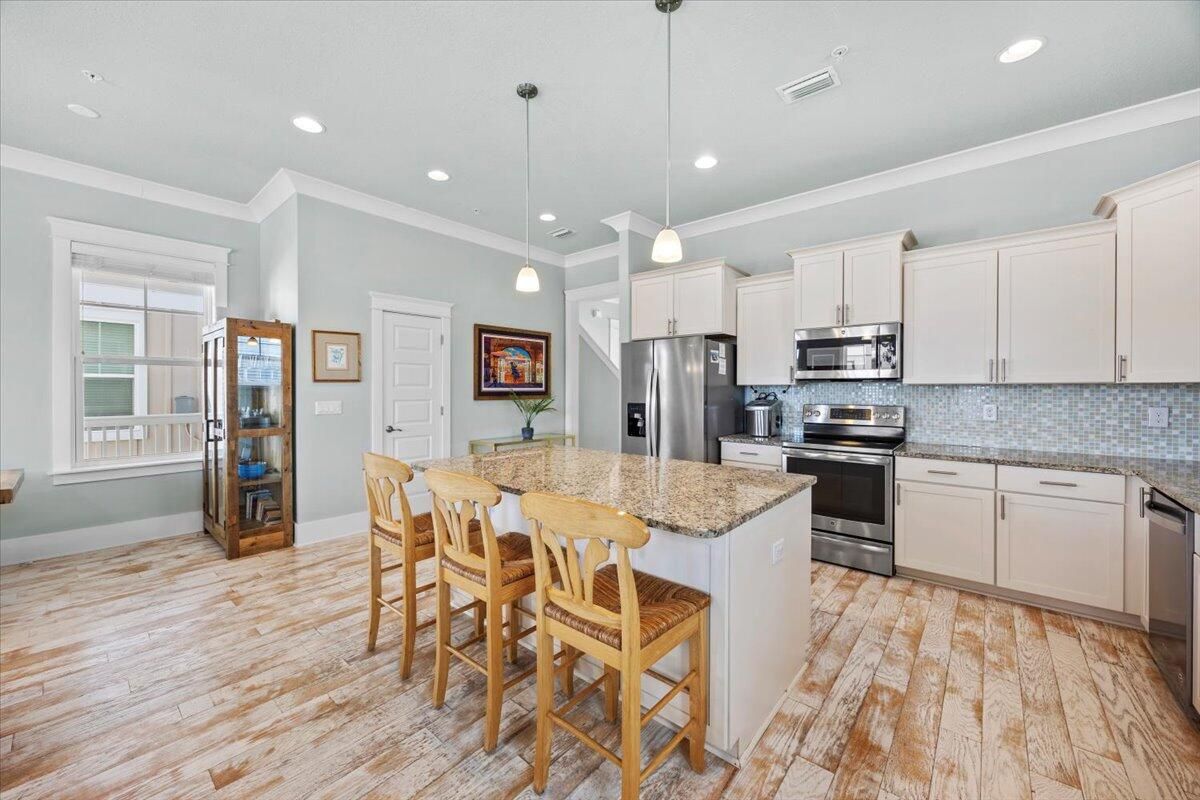 Interior, Kitchen, Pendant Lights, Recessed Lighting, Stainless Steel Appliances, Wood Texture Flooring