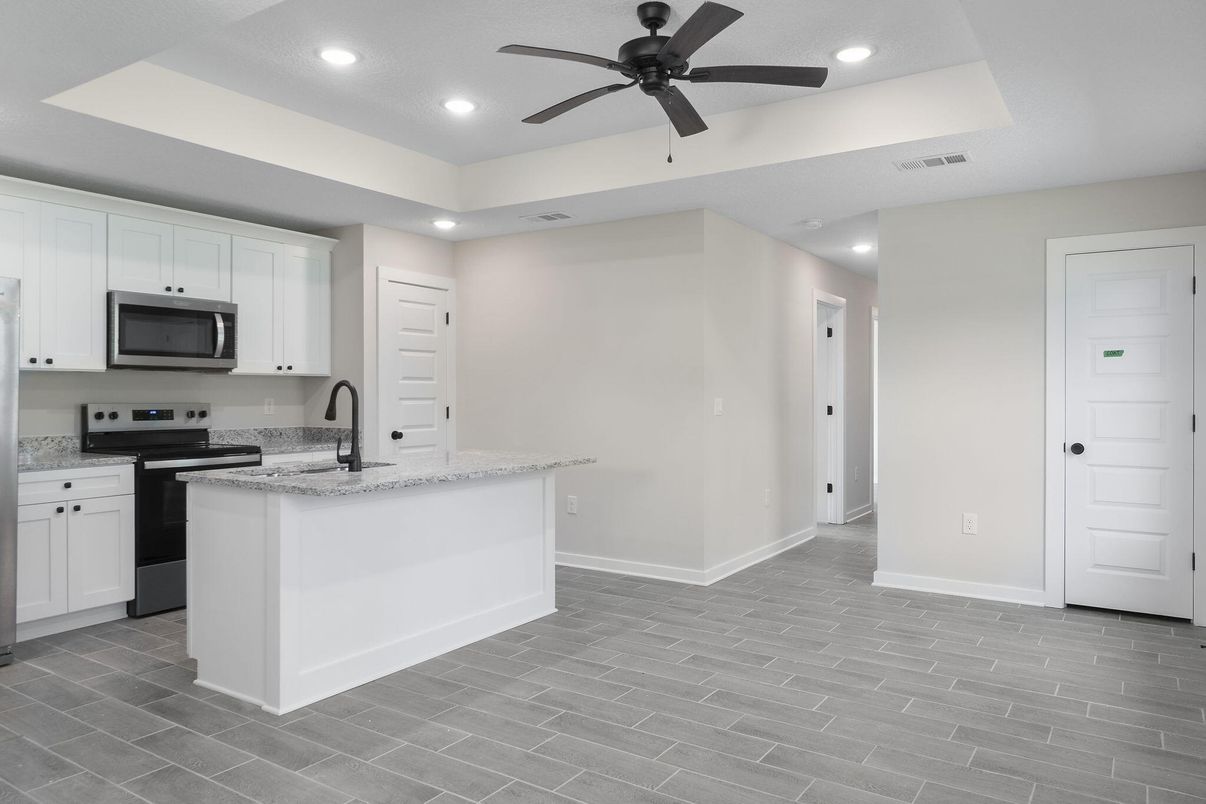 Interior, Kitchen, Recessed Lighting, Stainless Steel Appliances, Wood Texture Flooring