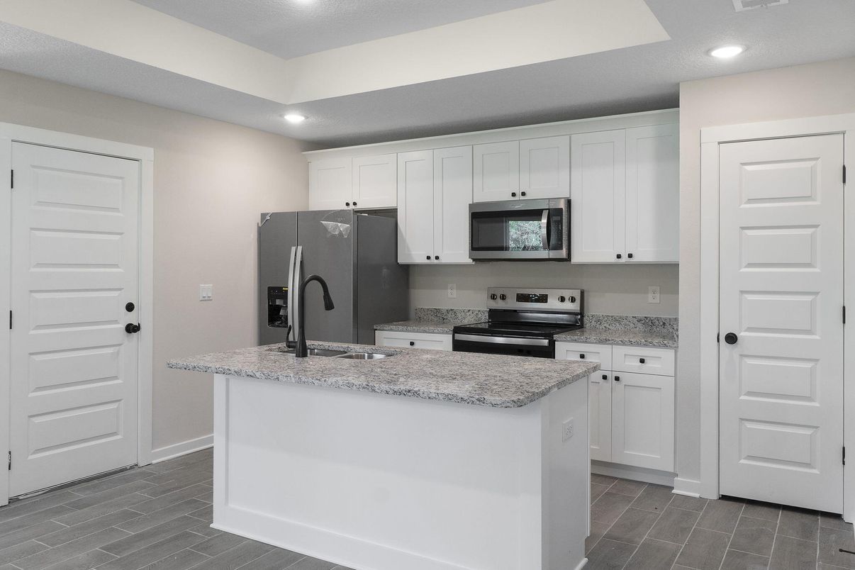 Interior, Kitchen, Recessed Lighting, Wood Texture Flooring