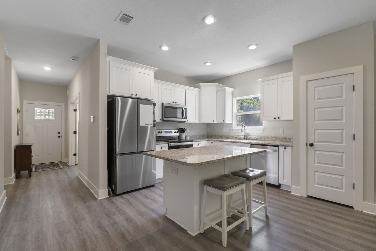 Interior, Kitchen, Recessed Lighting, Stainless Steel Appliances, Wood Texture Flooring