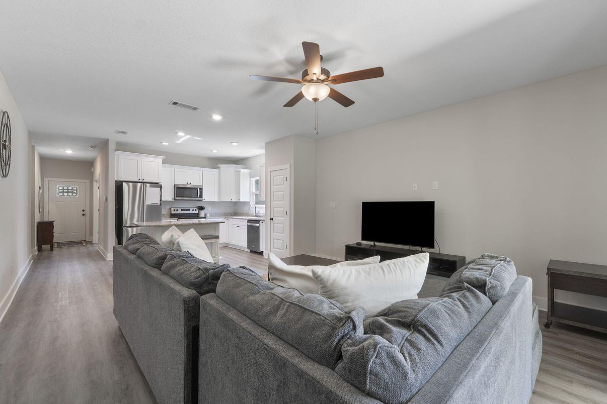 Interior, Kitchen, Living room, Recessed Lighting, Stainless Steel Appliances, Wood Texture Flooring