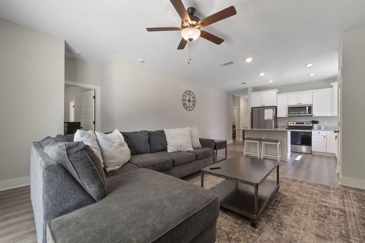 Interior, Kitchen, Living room, Recessed Lighting, Stainless Steel Appliances, Wood Texture Flooring