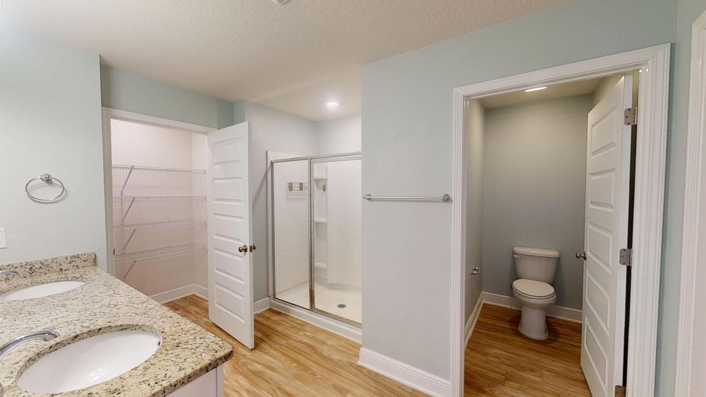 Bathroom, Interior, Recessed Lighting, Walk-in Closets, Wood Texture Flooring