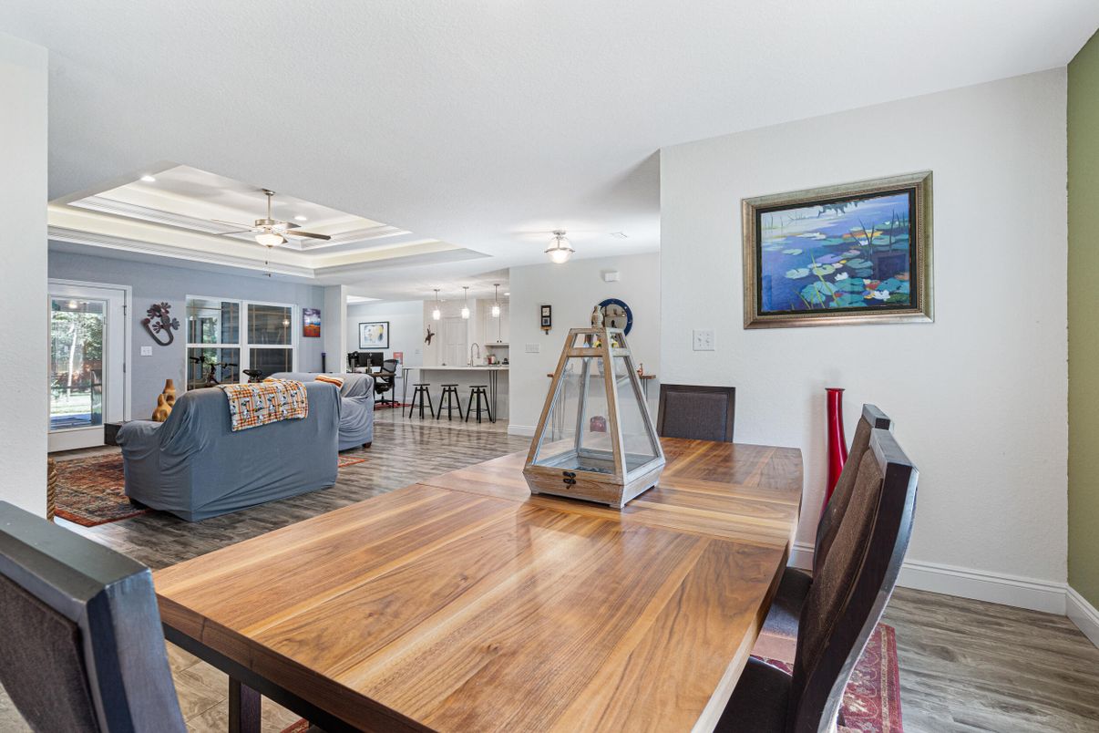 Dining room, Interior, Living room, Pendant Lights, Wood Texture Flooring