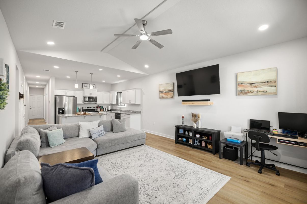 Home Office, Interior, Kitchen, Living room, Pendant Lights, Recessed Lighting, Stainless Steel Appliances, Wood Texture Flooring