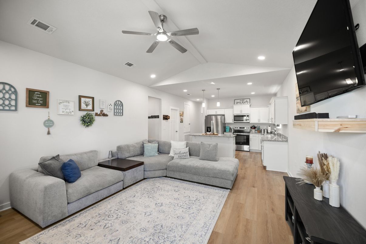 Interior, Kitchen, Living room, Pendant Lights, Recessed Lighting, Stainless Steel Appliances, Wood Texture Flooring