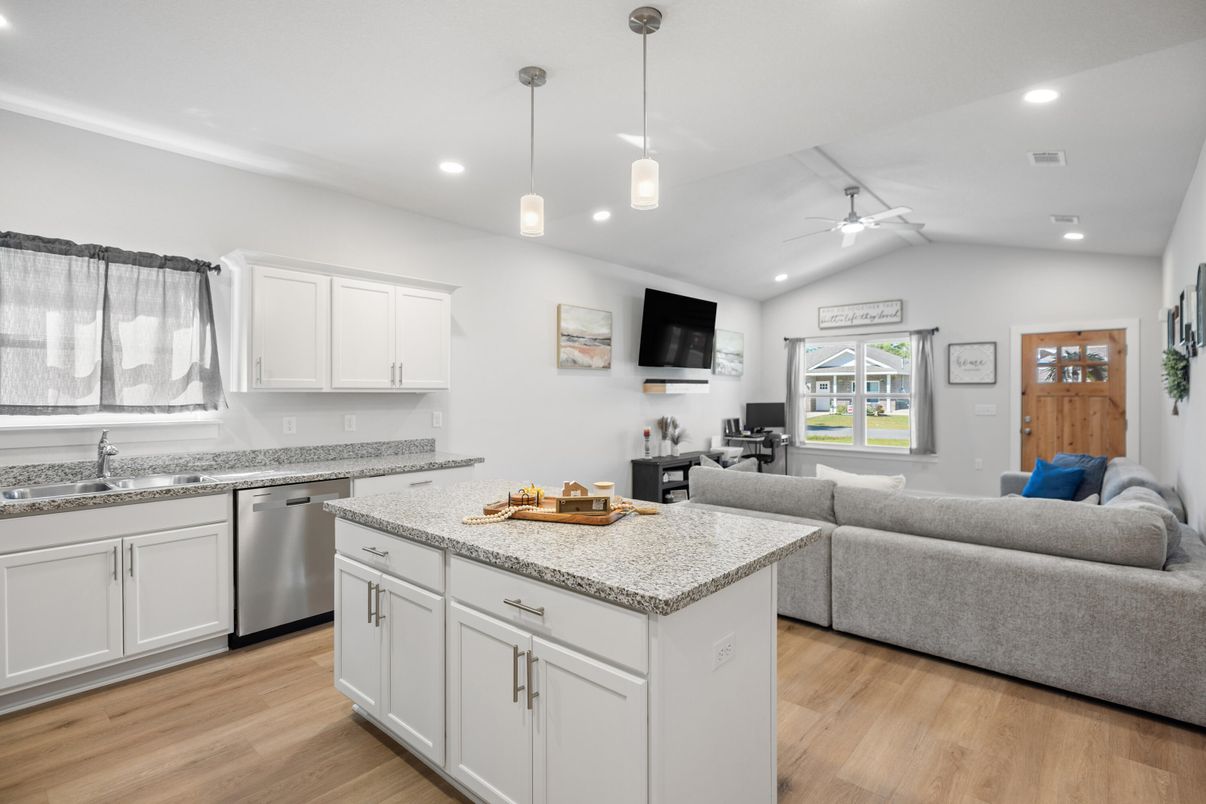 Interior, Kitchen, Living room, Pendant Lights, Recessed Lighting, Wood Texture Flooring