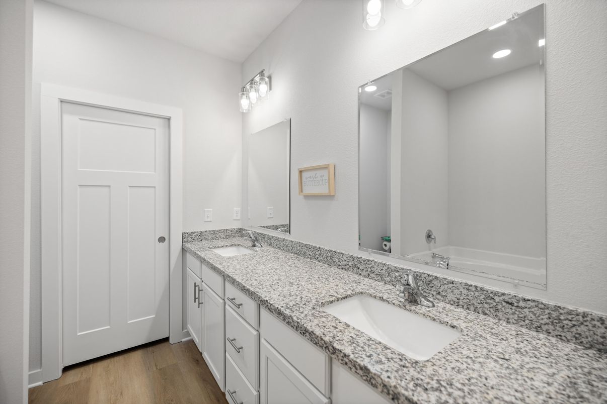 Bathroom, Dual Sink Vanities, Interior, Recessed Lighting, Wood Texture Flooring