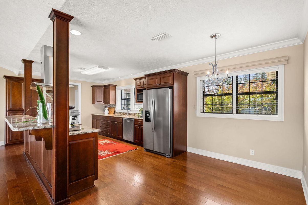 Chandelier, Interior, Kitchen, Pendant Lights, Recessed Lighting, Wood Texture Flooring