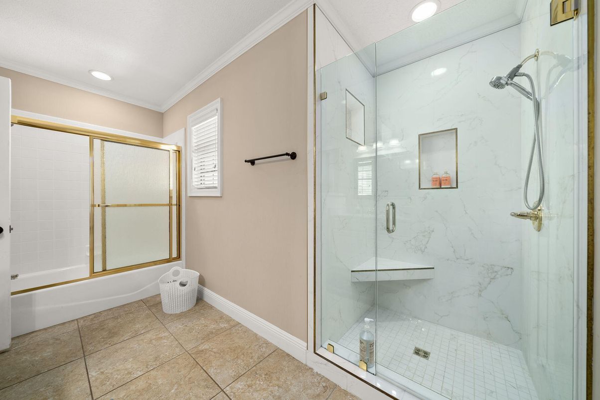 Bathroom, Glass Shower, Interior, Marble Walls, Recessed Lighting