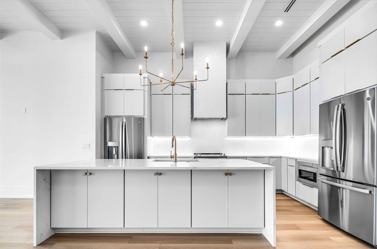 Interior, Kitchen, Pendant Lights, Recessed Lighting, Stainless Steel Appliances, Wood Texture Flooring