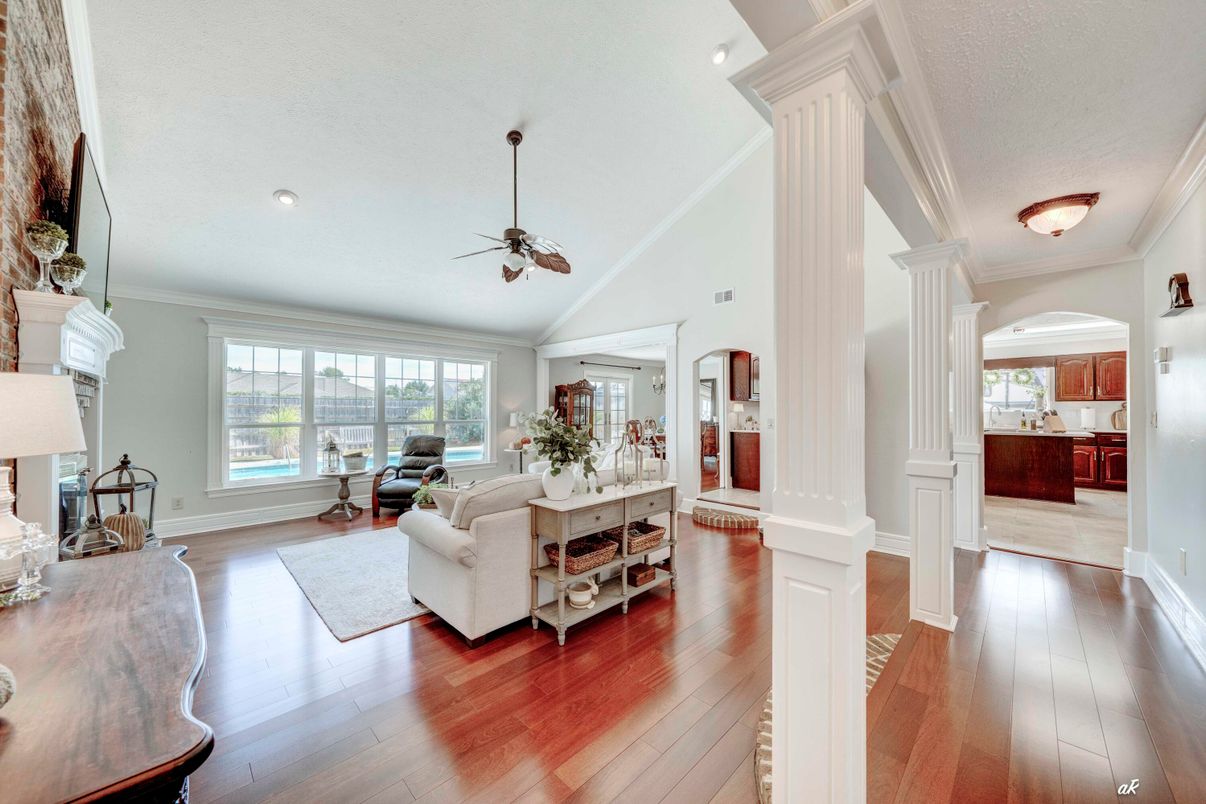 Fireplace, Interior, Living room, Recessed Lighting, Wood Texture Flooring