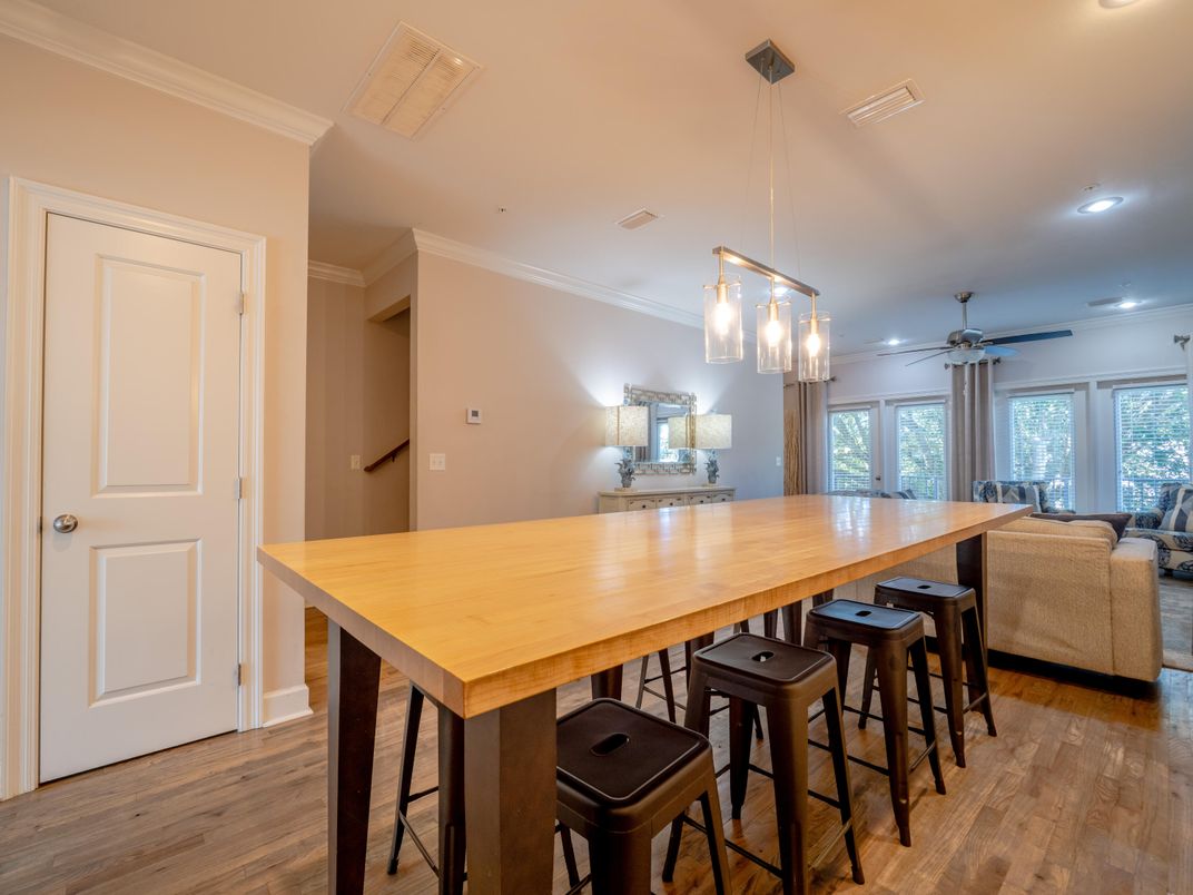 Dining room, Interior, Living room, Pendant Lights, Recessed Lighting, Wood Texture Flooring