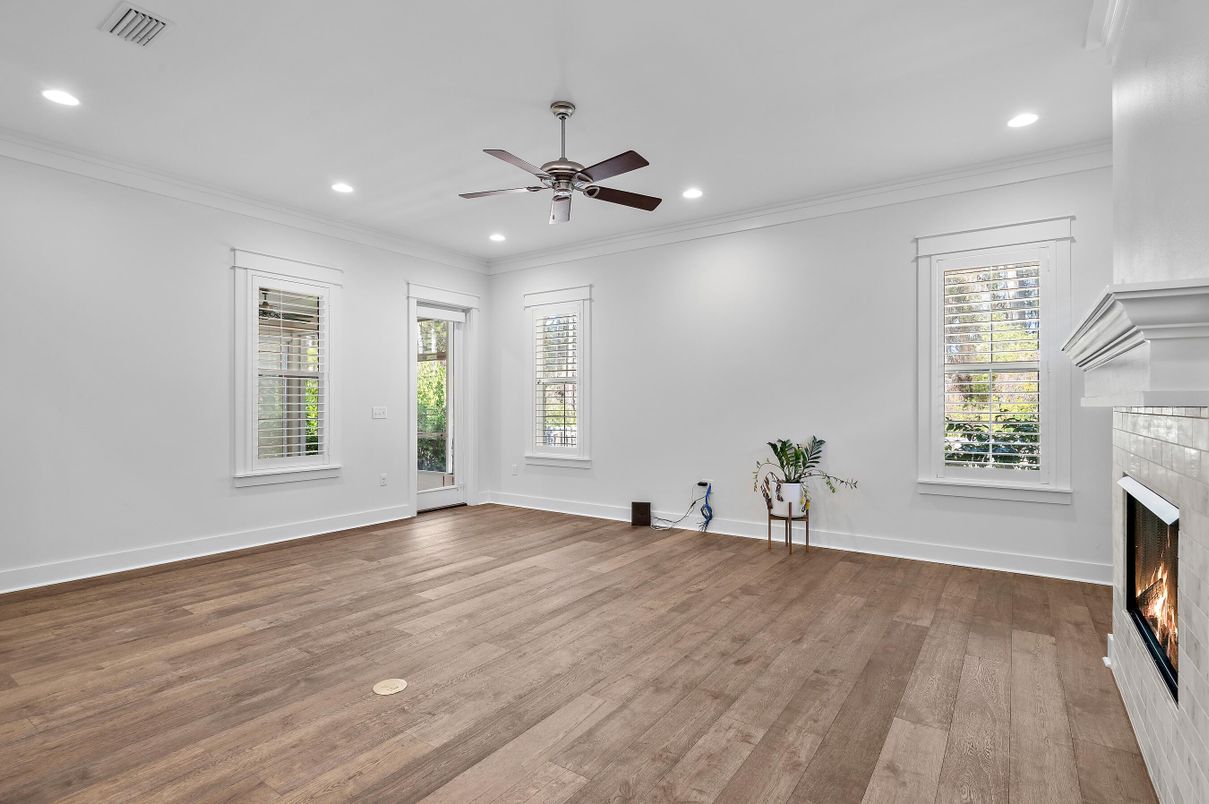 Empty room, Fireplace, Interior, Recessed Lighting, Wood Texture Flooring
