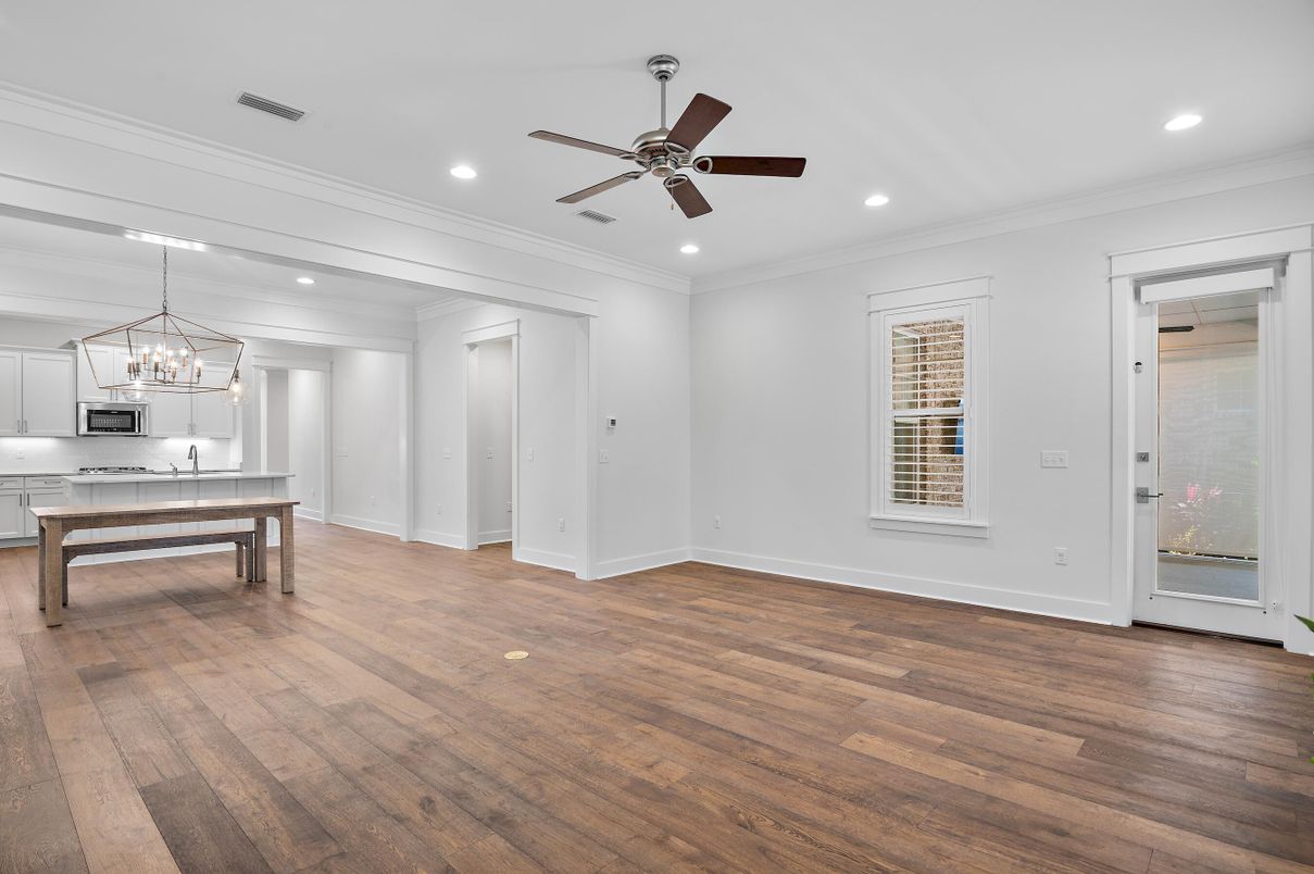 Billiard Table, Empty room, Game Room, Interior, Pendant Lights, Recessed Lighting, Wood Texture Flooring