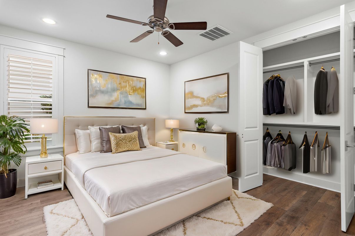 Bedroom, Interior, Recessed Lighting, Wood Texture Flooring