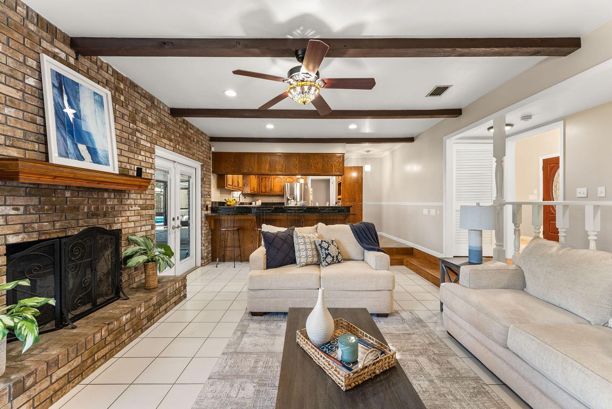 Fireplace, Interior, Kitchen, Living room, Recessed Lighting, Stone Walls, Wooden Beams