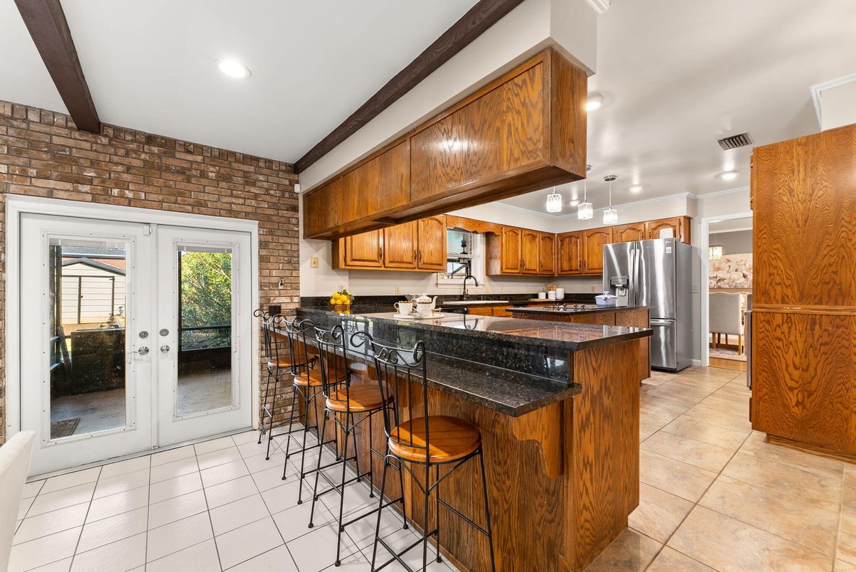 Interior, Kitchen, Recessed Lighting, Stainless Steel Appliances, Stone Walls, Wooden Beams