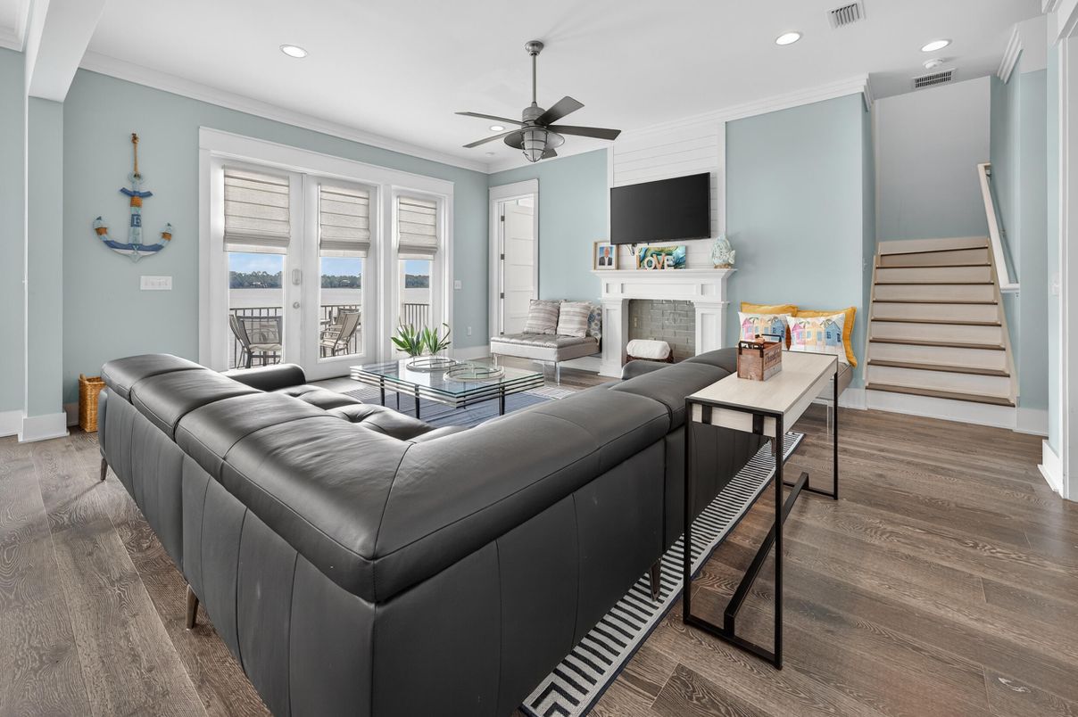 Fireplace, Interior, Living room, Recessed Lighting, Wood Texture Flooring