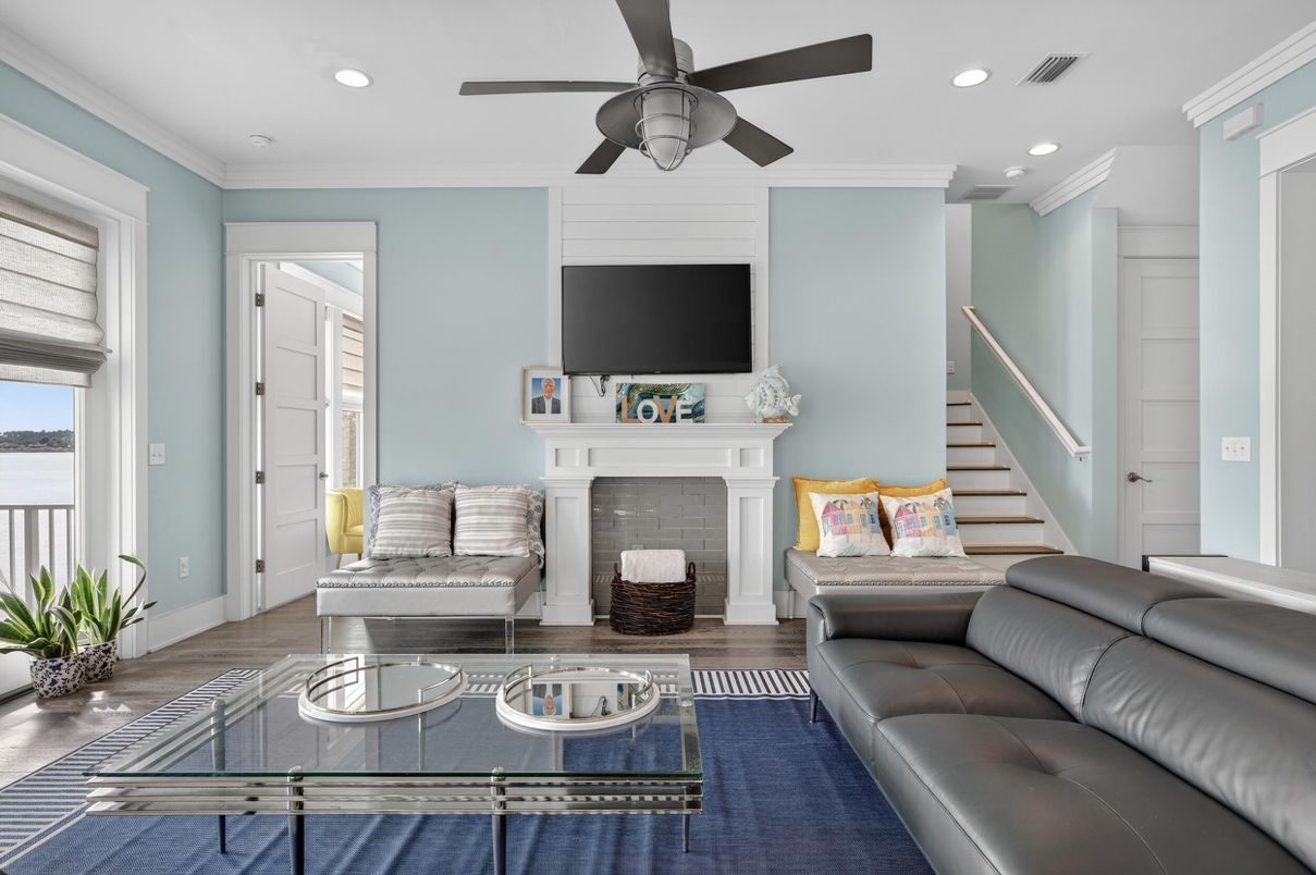 Fireplace, Interior, Living room, Recessed Lighting, Wood Texture Flooring