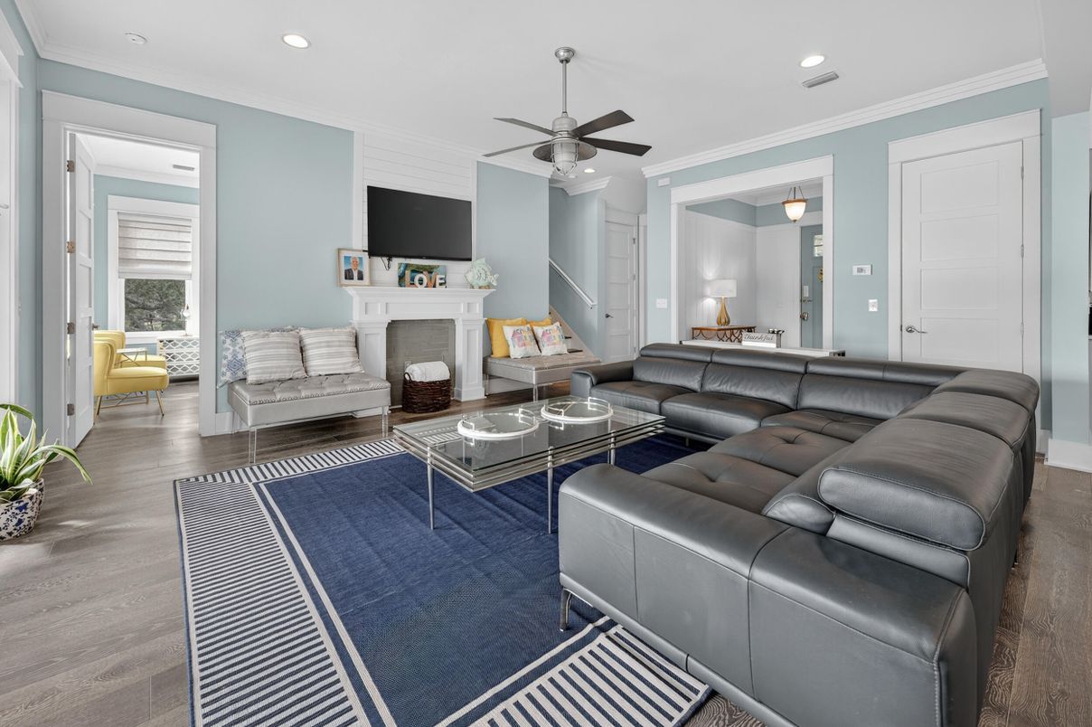 Fireplace, Interior, Living room, Recessed Lighting, Wood Texture Flooring