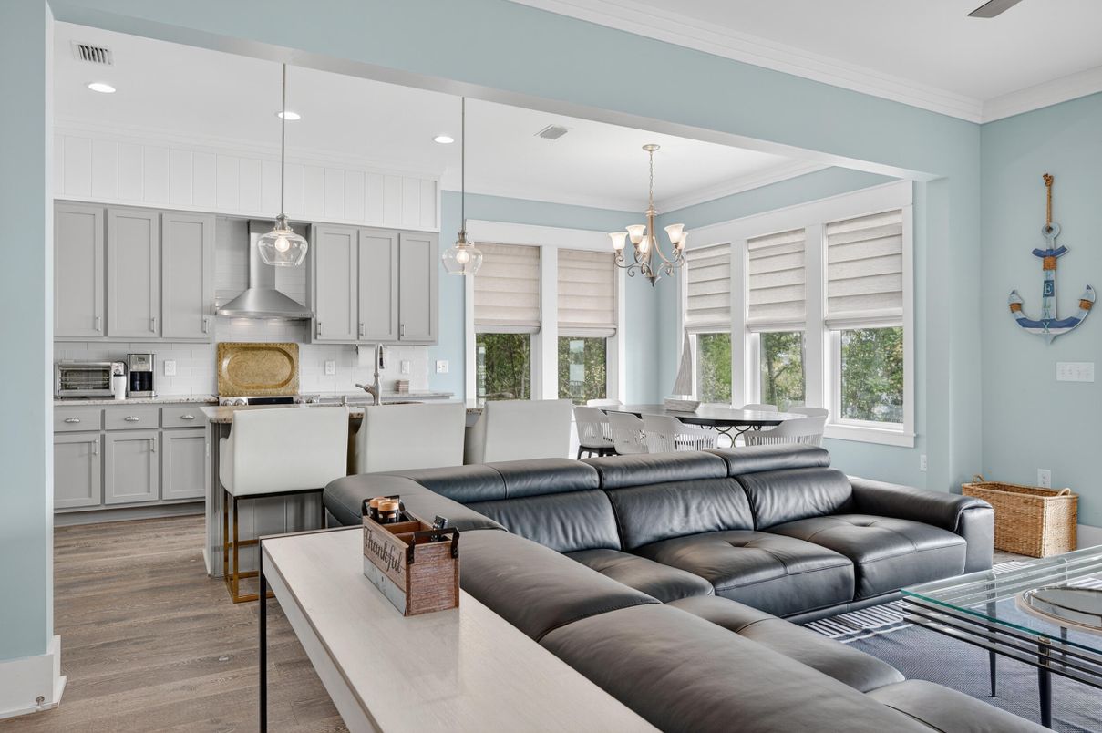 Chandelier, Dining room, Interior, Kitchen, Living room, Pendant Lights, Recessed Lighting, Wood Texture Flooring