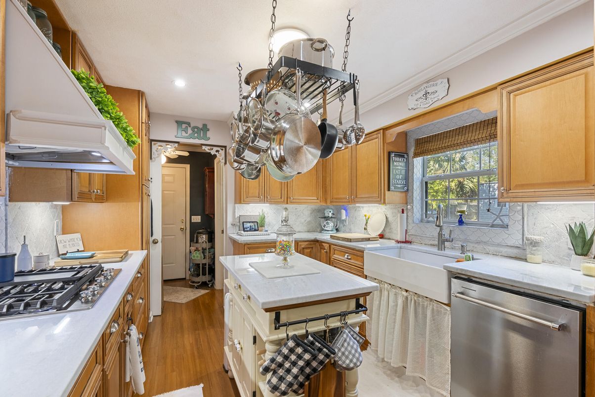 Interior, Kitchen, Recessed Lighting, Stainless Steel Appliances, Wood Texture Flooring